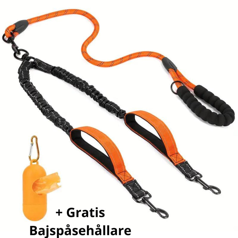 Reflekterande Dubbelkoppel för Hund – Elastiskt, Justerbart med Påshållare