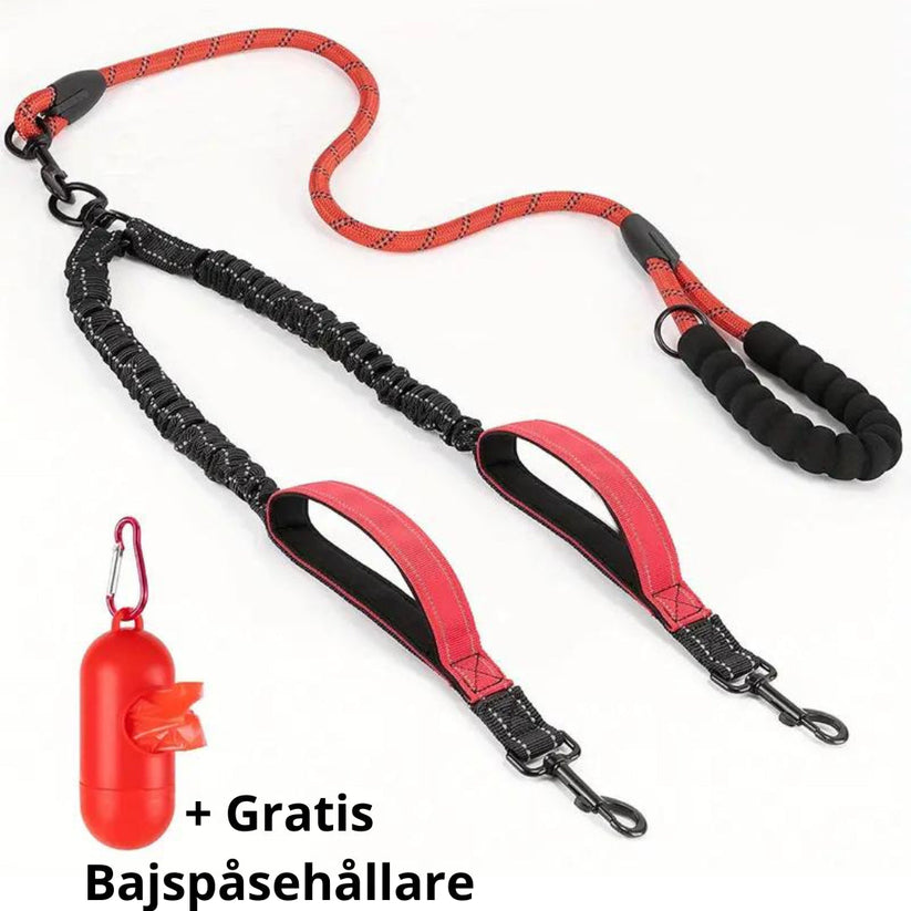 Reflekterande Dubbelkoppel för Hund – Elastiskt, Justerbart med Påshållare