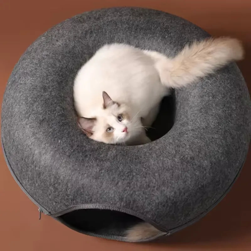 Donut Kattkoja 2-i-1 – Mysig Lektunnel & Sovplats i Ullfilt 60x27cm