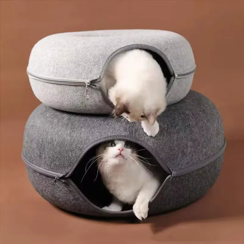 Donut Kattkoja 2-i-1 – Mysig Lektunnel & Sovplats i Ullfilt 60x27cm
