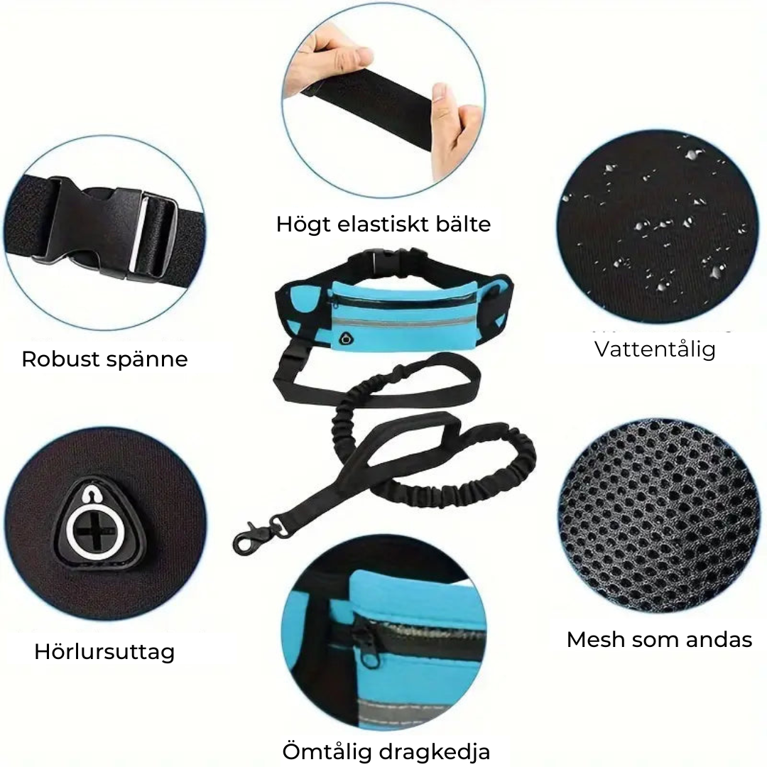 Flexibelt hundkoppel med midjeväska – justerbar och reflexdetaljer