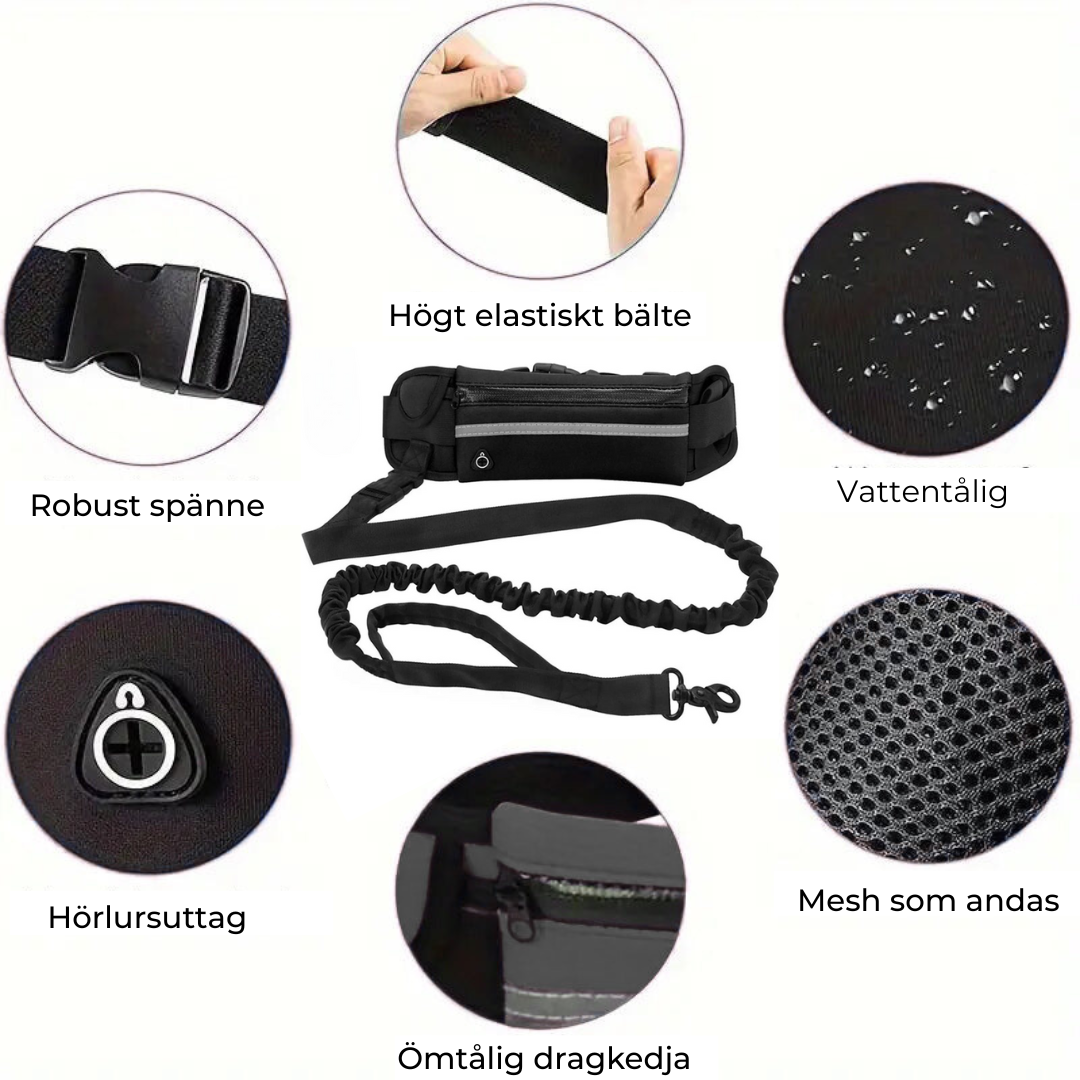 Flexibelt hundkoppel med midjeväska – justerbar och reflexdetaljer
