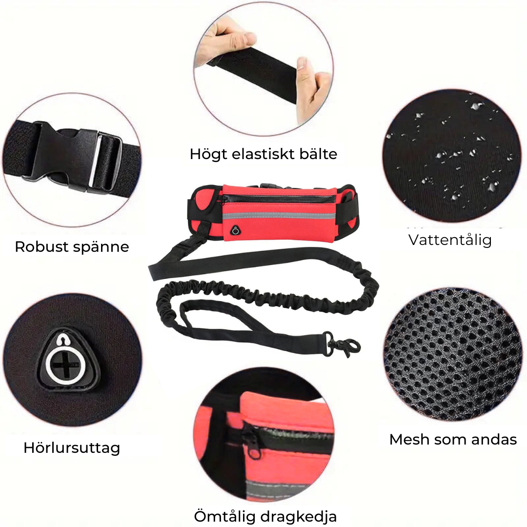 Flexibelt hundkoppel med midjeväska – justerbar och reflexdetaljer
