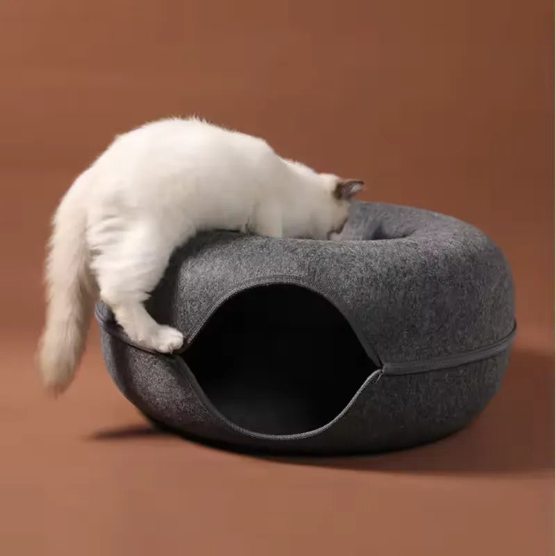 Donut Kattkoja 2-i-1 – Mysig Lektunnel & Sovplats i Ullfilt 60x27cm
