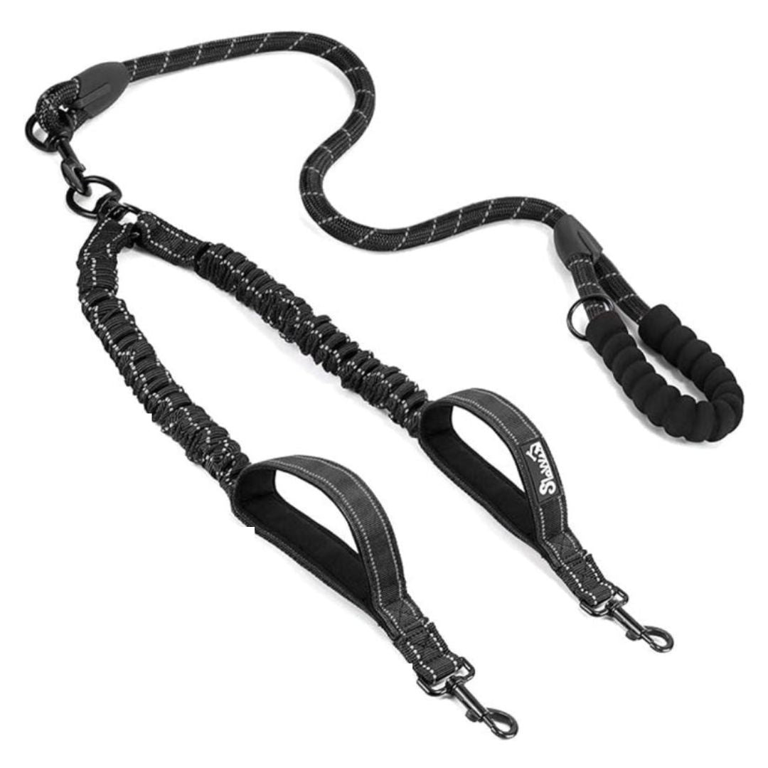 Reflekterande Dubbelkoppel för Hund – Elastiskt, Justerbart med Påshållare