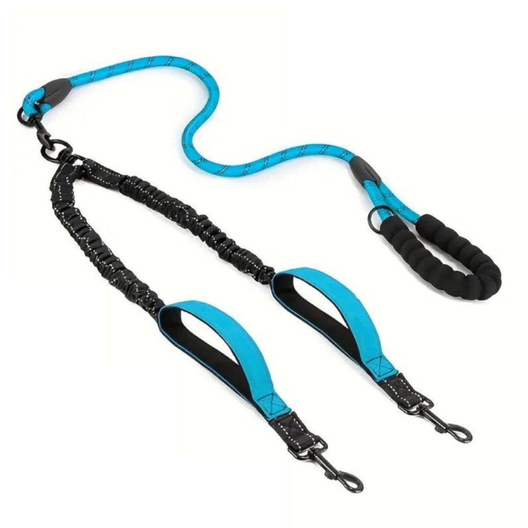 Reflekterande Dubbelkoppel för Hund – Elastiskt, Justerbart med Påshållare