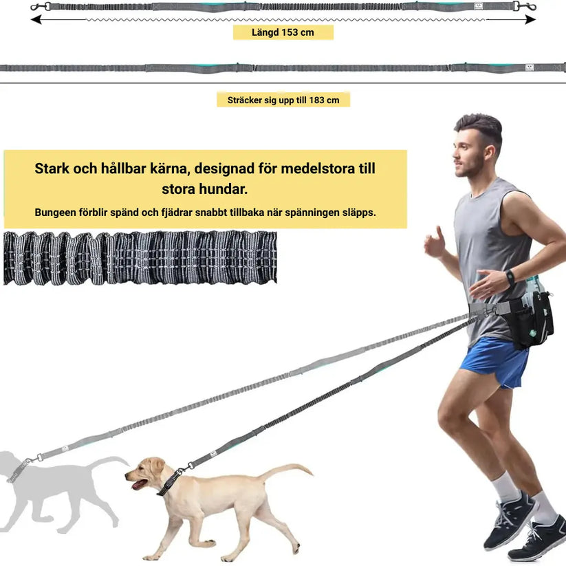 Löparkoppel med Midjebälte & Reflex – Dämpande & Praktiskt för Hund