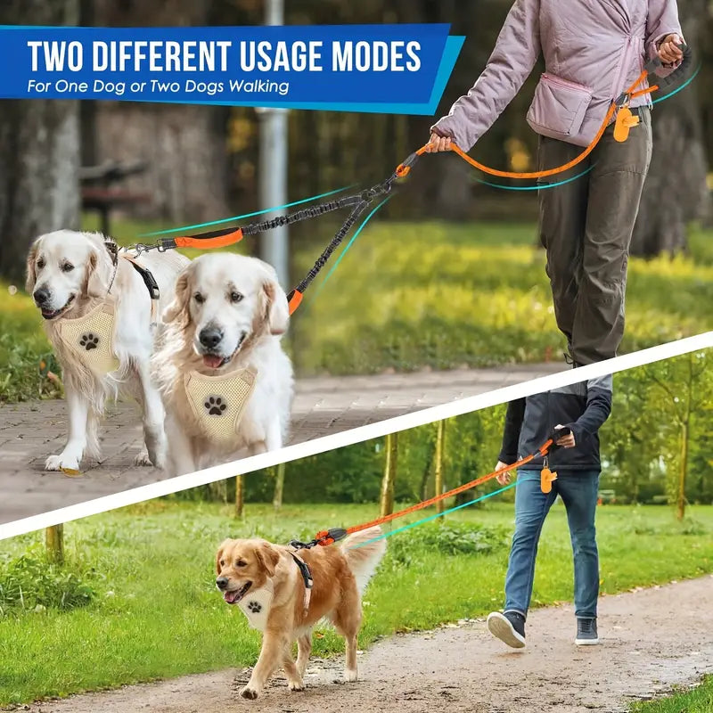 Reflekterande Dubbelkoppel för Hund – Elastiskt, Justerbart med Påshållare